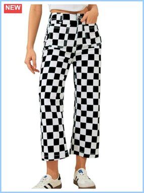 Cropped Checkered Jeans for Women High Waisted Stretchy Straight Leg Pants with